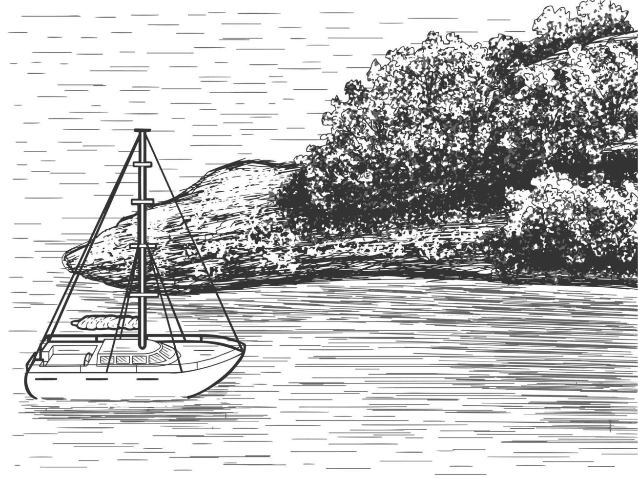 Monochrome landscape with coast of island, sea and yacht. Vector illustration. Sketch, line art, hand drawn