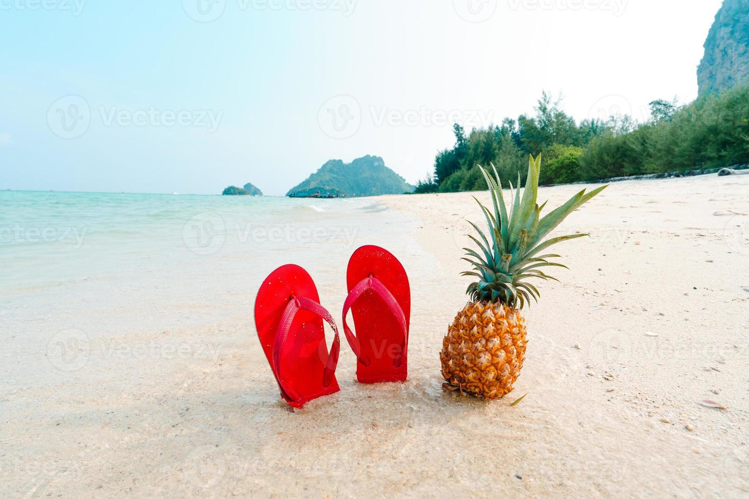 Summer beach vacation with pineapples and flip flops on the beach photo