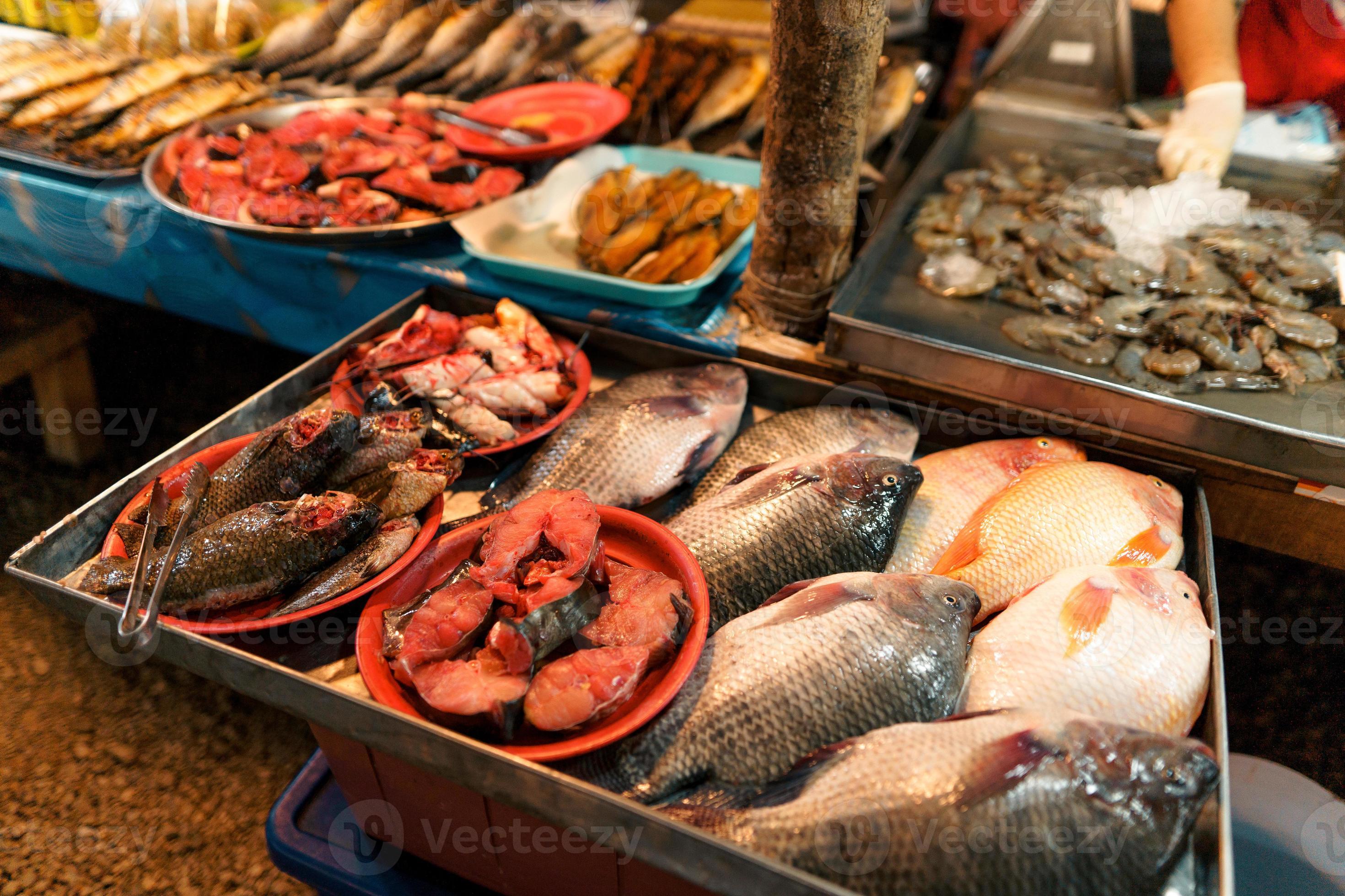 Fish market in Krabi,Raw seafood in a market near the tropical sea