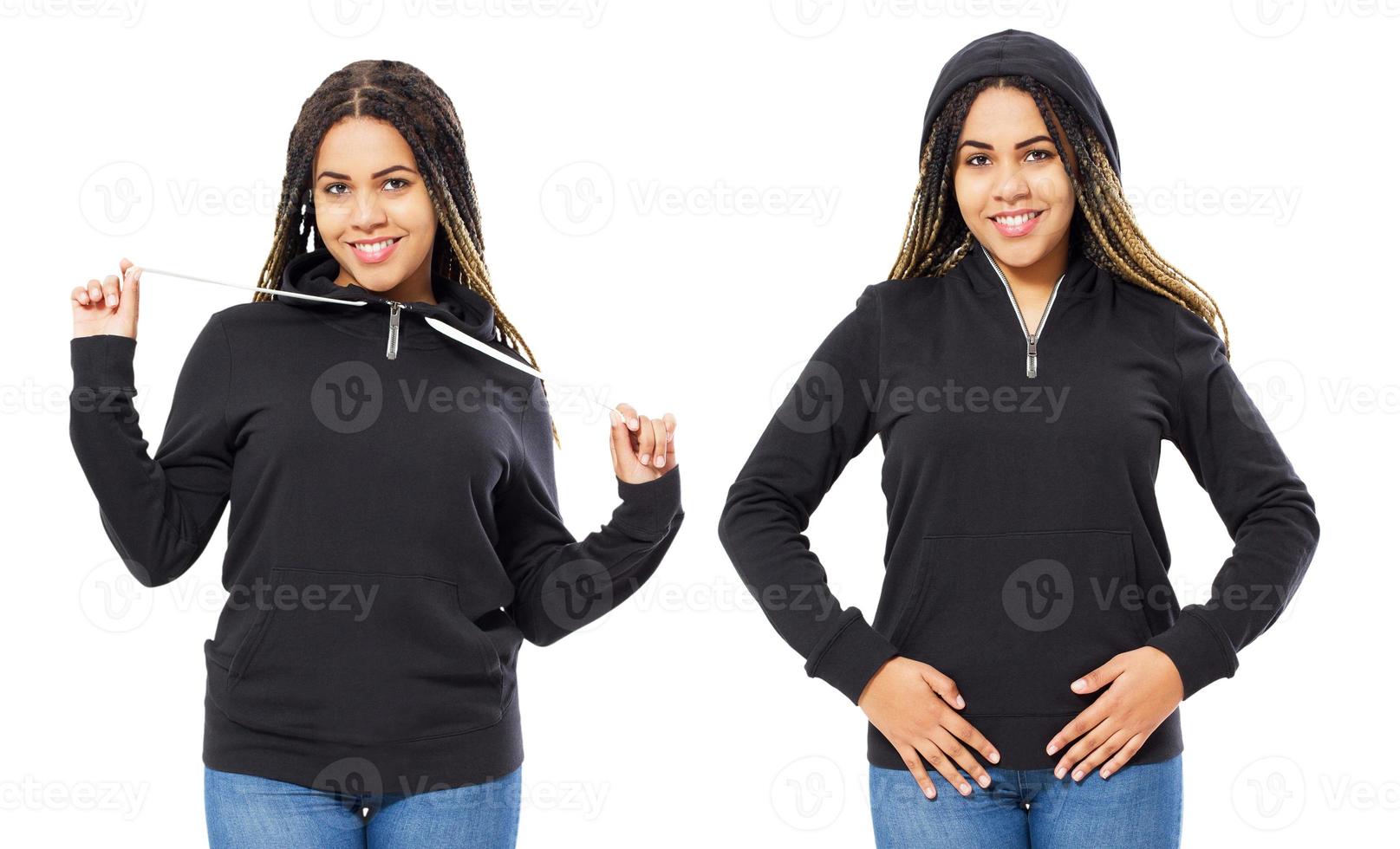 Woman in black hoodie hoody set front view, hoody mockup isolated on white background. Girl puts on a hood photo