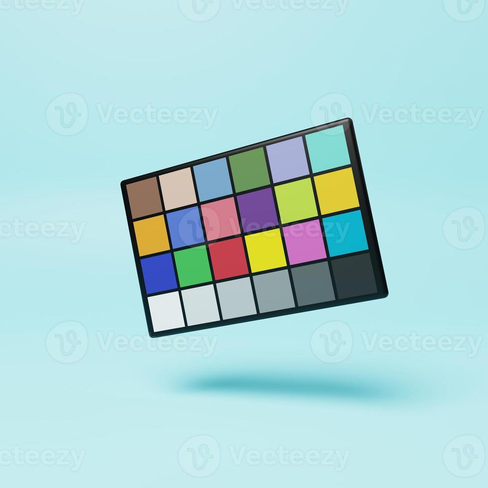 Color checker pallet on blue background. Film art entertainment industry and beauty concept. 3D illustration rendering photo