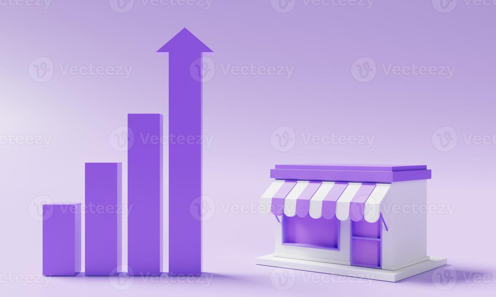 Minimal storefront model and rising bar chart graph on purple background. Business owner and Startup entrepreneur concept. 3D illustration rendering photo
