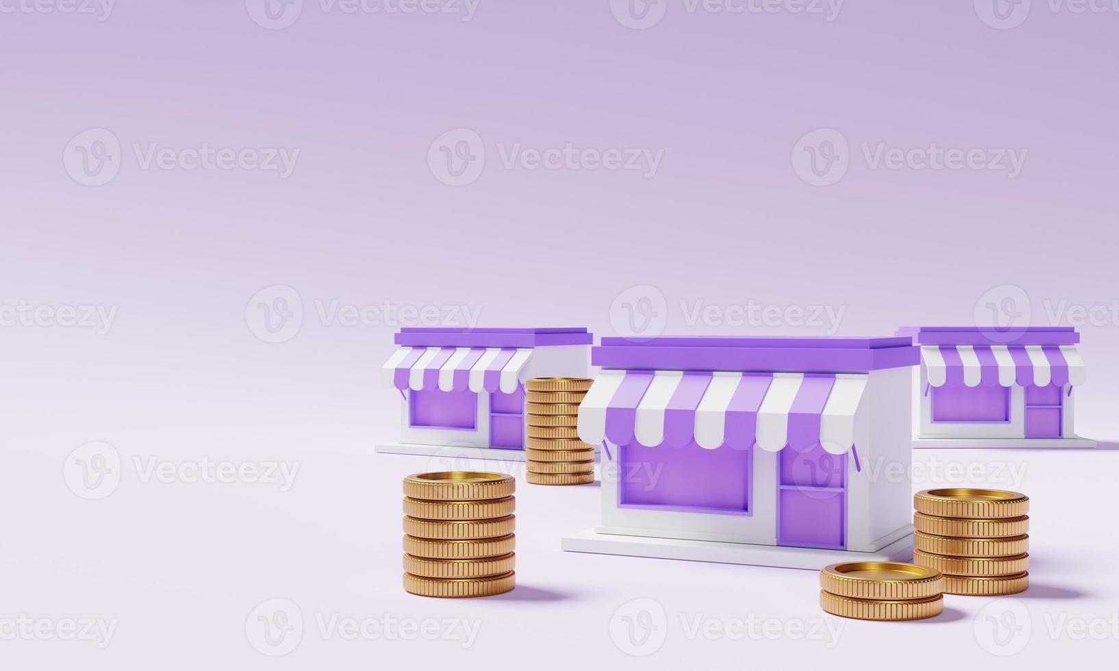 Supermarket store with stacking golden coins on purple background. Financial and economic concept. 3D illustration rendering photo