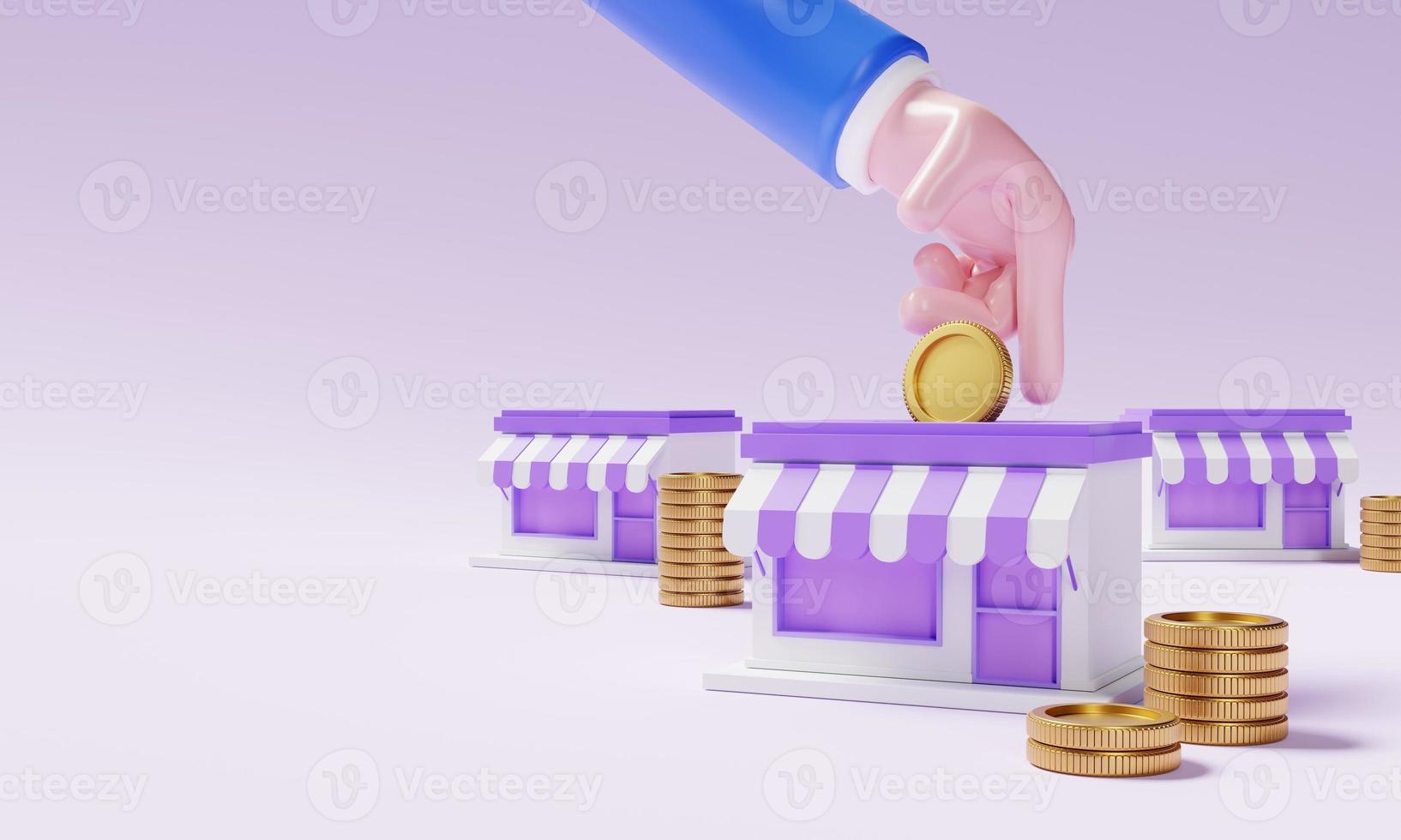 recaudar dinero de un mini-mart de negocios de nueva creación que posee un negocio con la mano de un hombre de negocios como empresario. economía financiera comercio electrónico y concepto de ahorro de dinero. representación de ilustración 3d foto