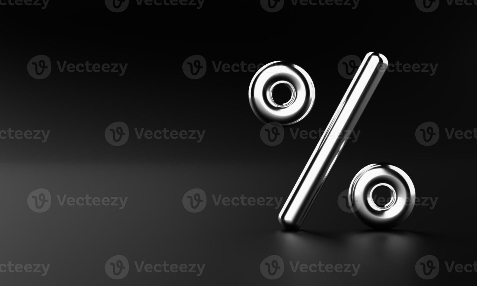 Silver percentage sign on black background with copy space. Mathematics and Business financial economic concept. Black Friday midnight sale theme. 3D illustration rendering photo
