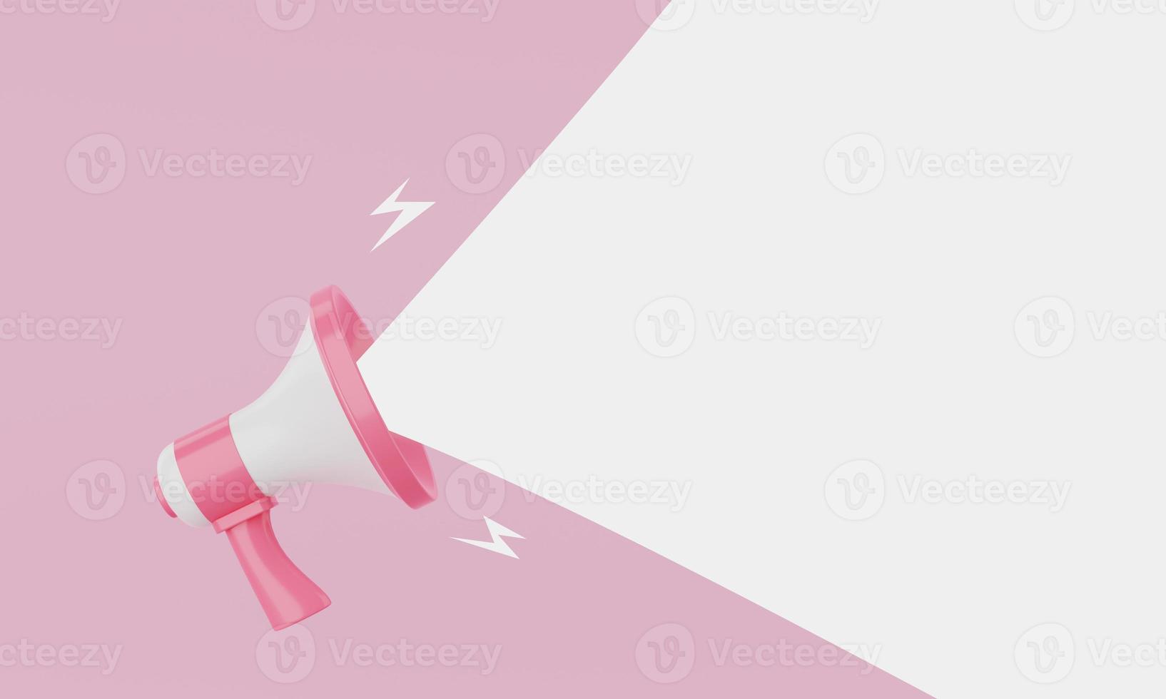 Pink pastel and white megaphone announcing white empty blank space message balloon on blue background. Business and marketing concept. 3D illustration rendering photo