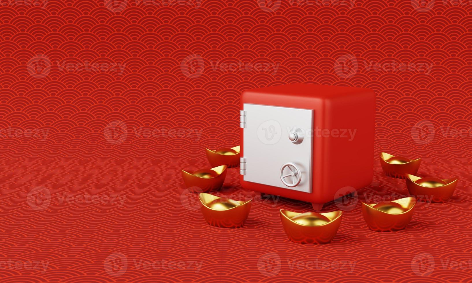 Safe box with Chinese gold ingot and Chinese culture pattern background. Chinese new year and Money savings security concept. 3D illustration rendering photo