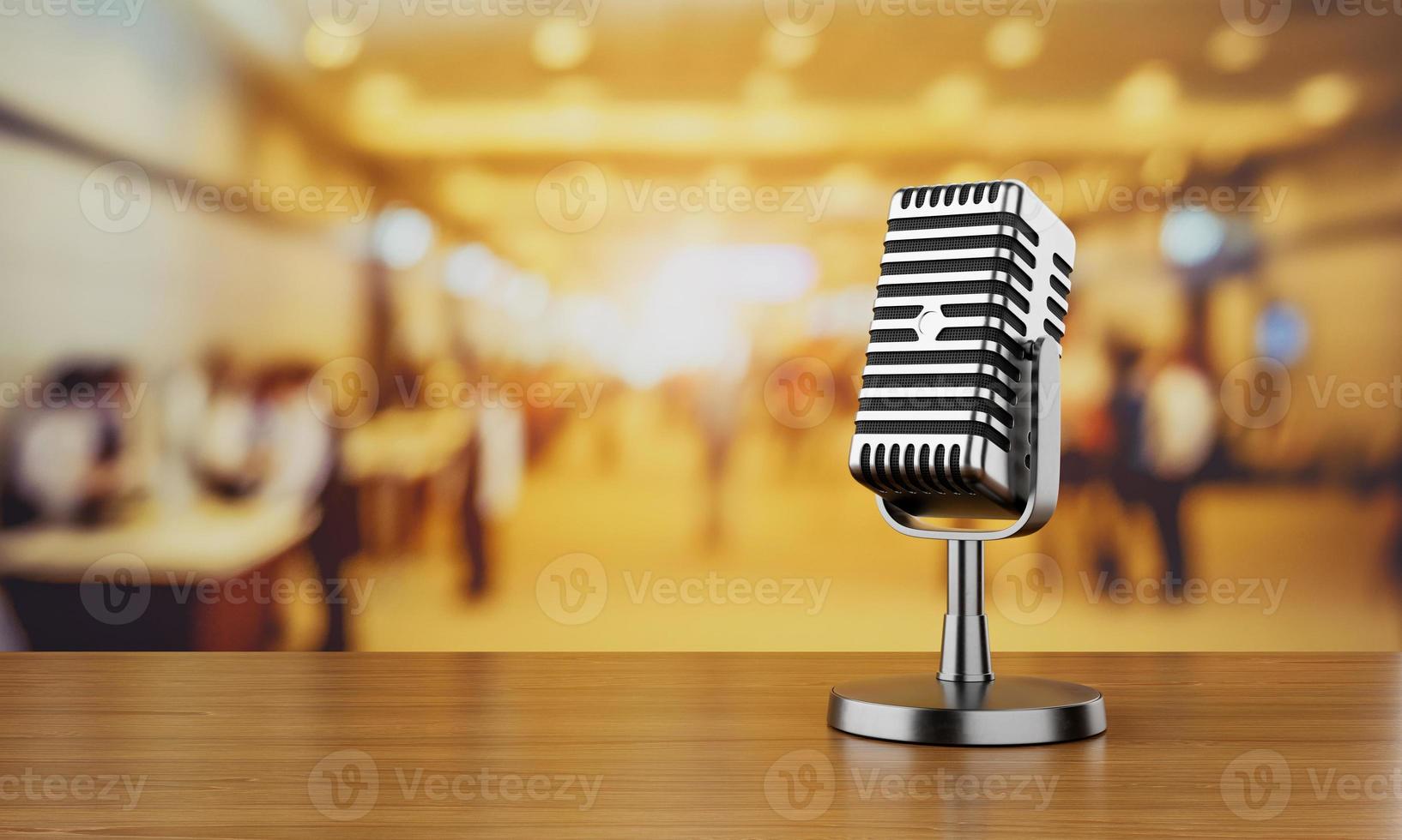Close up of old vintage style podcast microphone in convention hall and blurry people background. Entertainment and conference concept photo