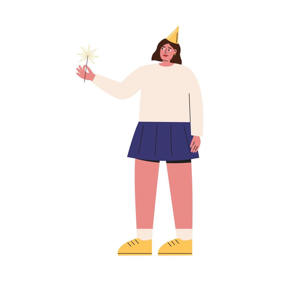 Happy woman in birthday cap holding sparkler vector