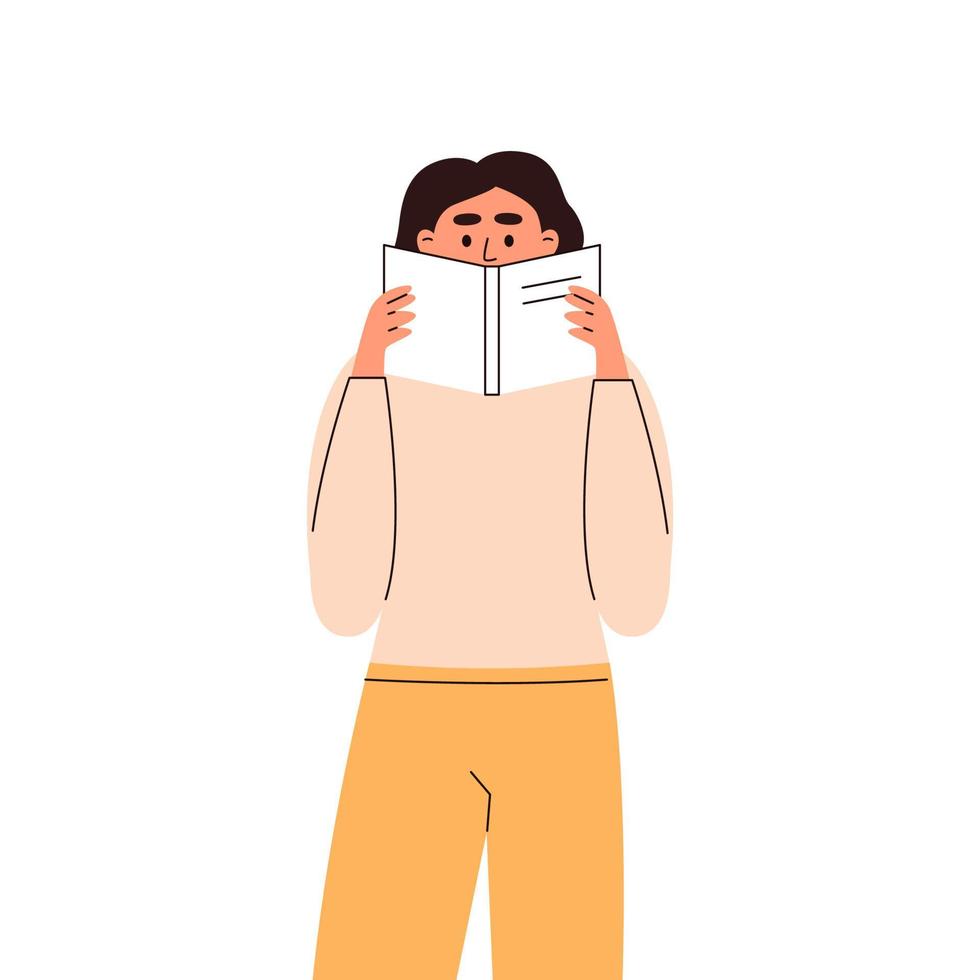 mujer leyendo un libro y escondiendo su rostro vector