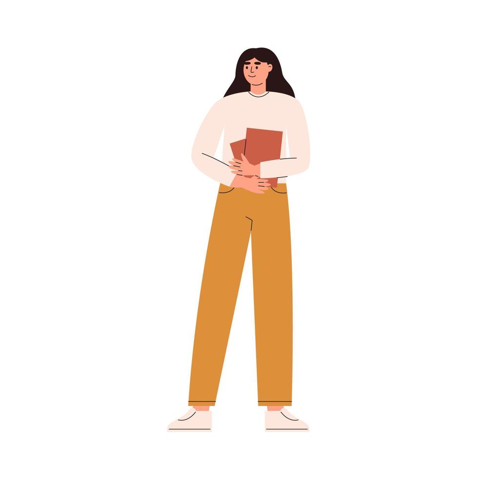 mujer joven de pie y sosteniendo un libro vector