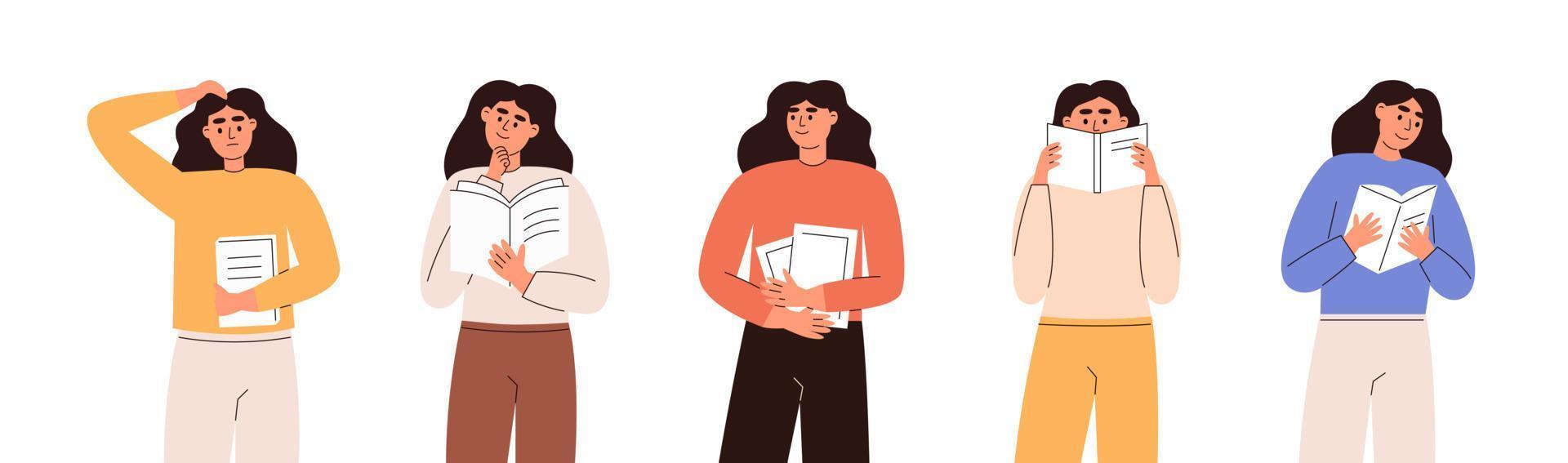 conjunto de mujeres jóvenes leyendo libros vector