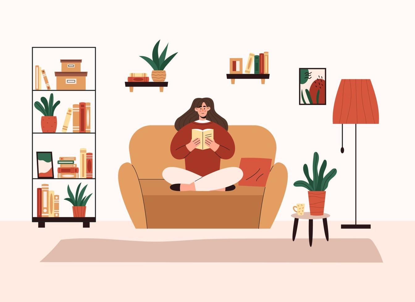 mujer sentada en el sofá y leyendo un libro vector
