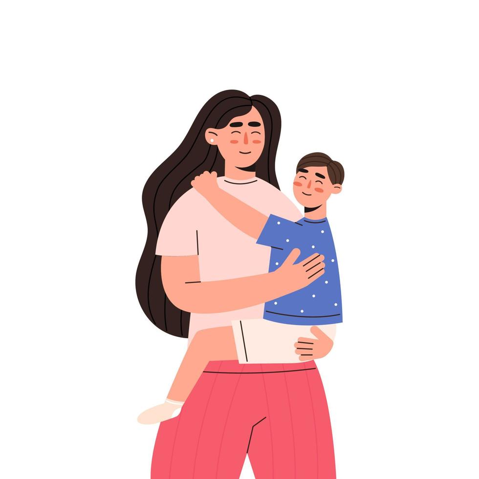 Mom hugs her son with love vector