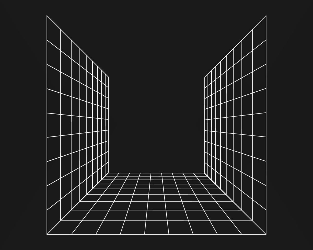 Cyber grid, retro punk perspective rectangular tunnel. Grid tunnel geometry on black background. Vector illustration.