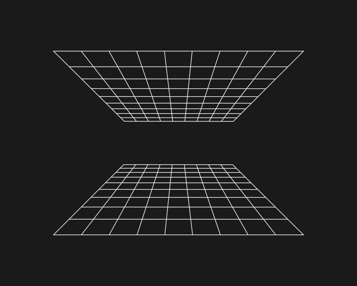 Cyber grid, retro punk perspective rectangular tunnel. Grid tunnel geometry on black background. Vector illustration.