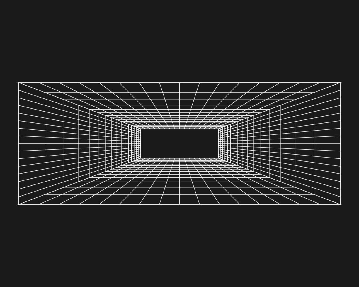 Cyber grid, retro punk perspective rectangular tunnel. Grid tunnel geometry on black background. Vector illustration.