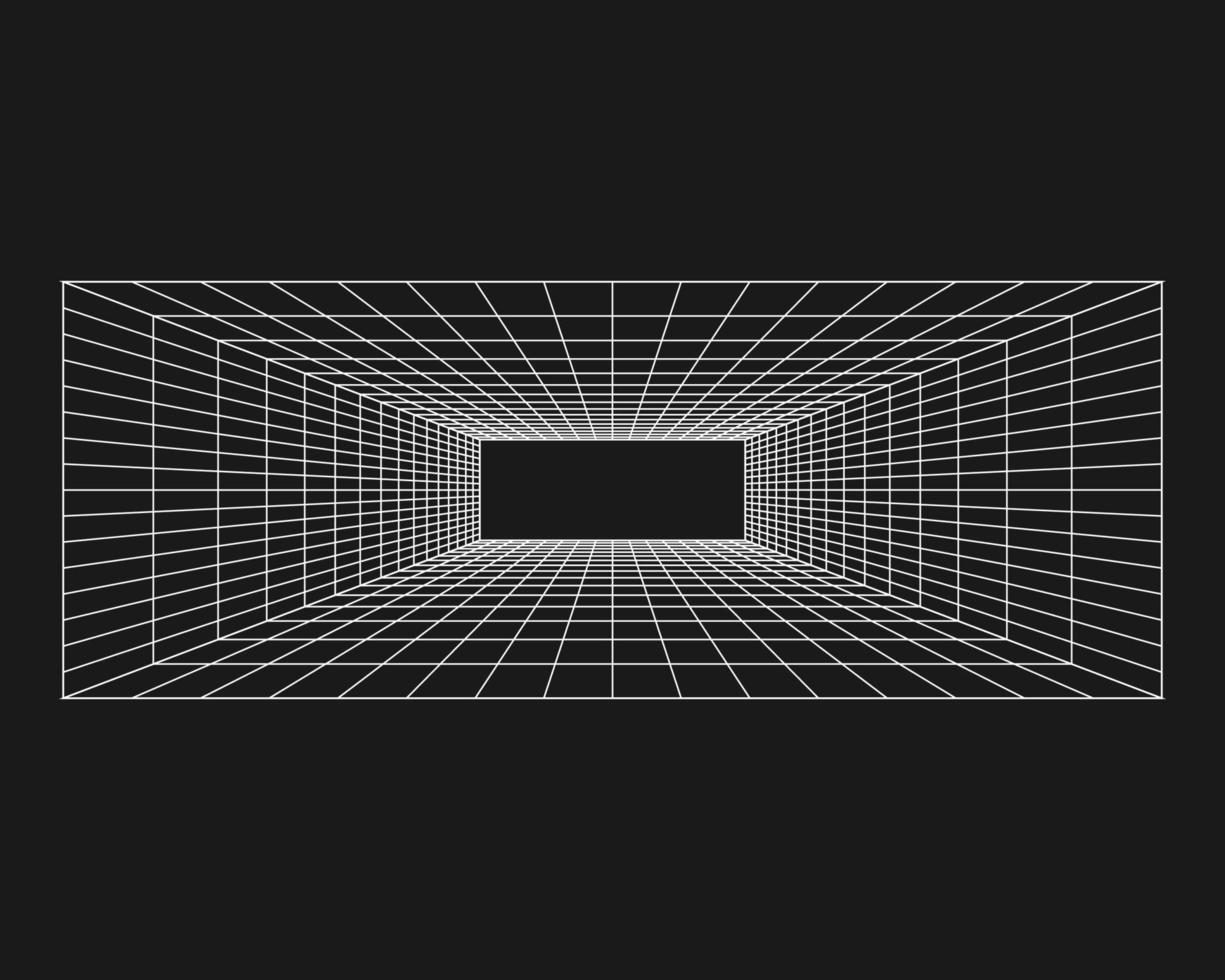 Cyber grid, retro punk perspective rectangular tunnel. Grid tunnel geometry on black background. Vector illustration.