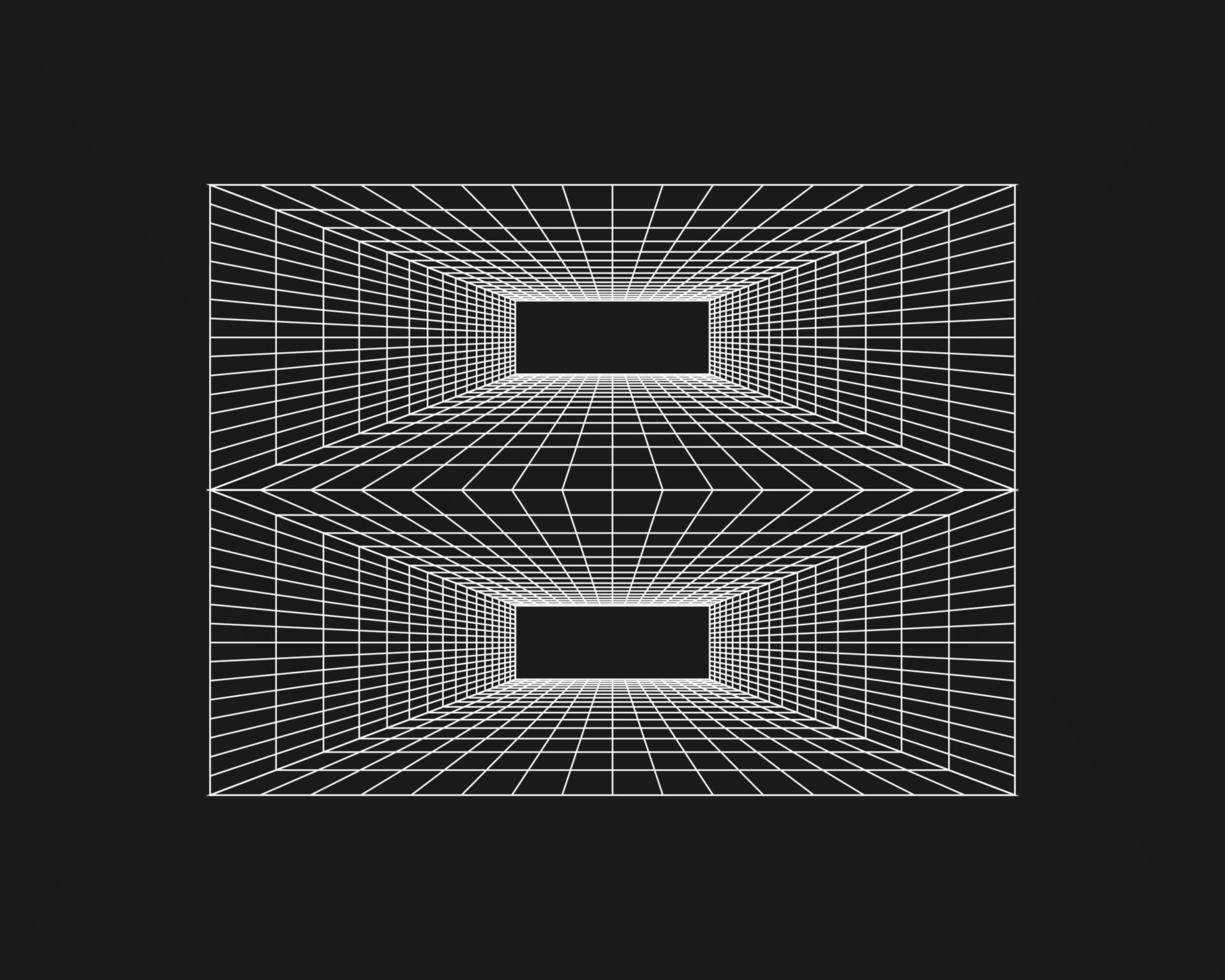 Cyber grid, retro punk perspective rectangular tunnel. Grid tunnel geometry on black background. Vector illustration.