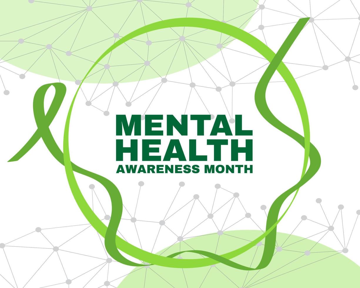 Mental health awareness month concept. Banner template with green ribbon and text.  Vector illustration.
