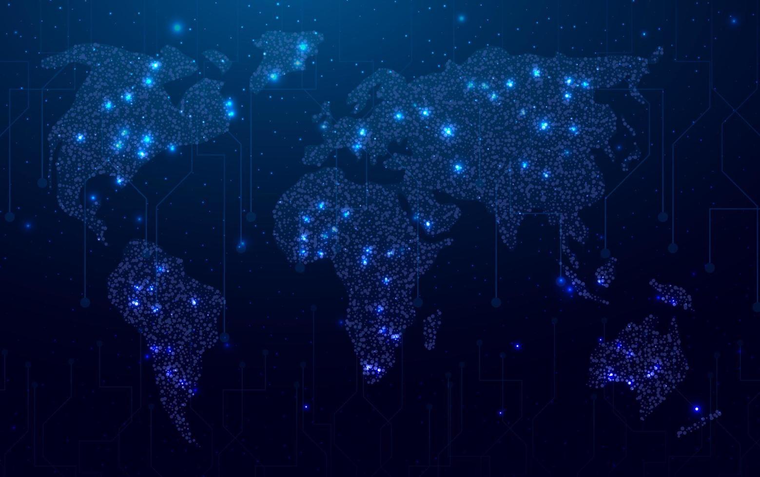 Futuristic map of the planet. World map. Globalization internet and technology, cyber security. Abstract background with glowing map of the Earth. Vector illustration.