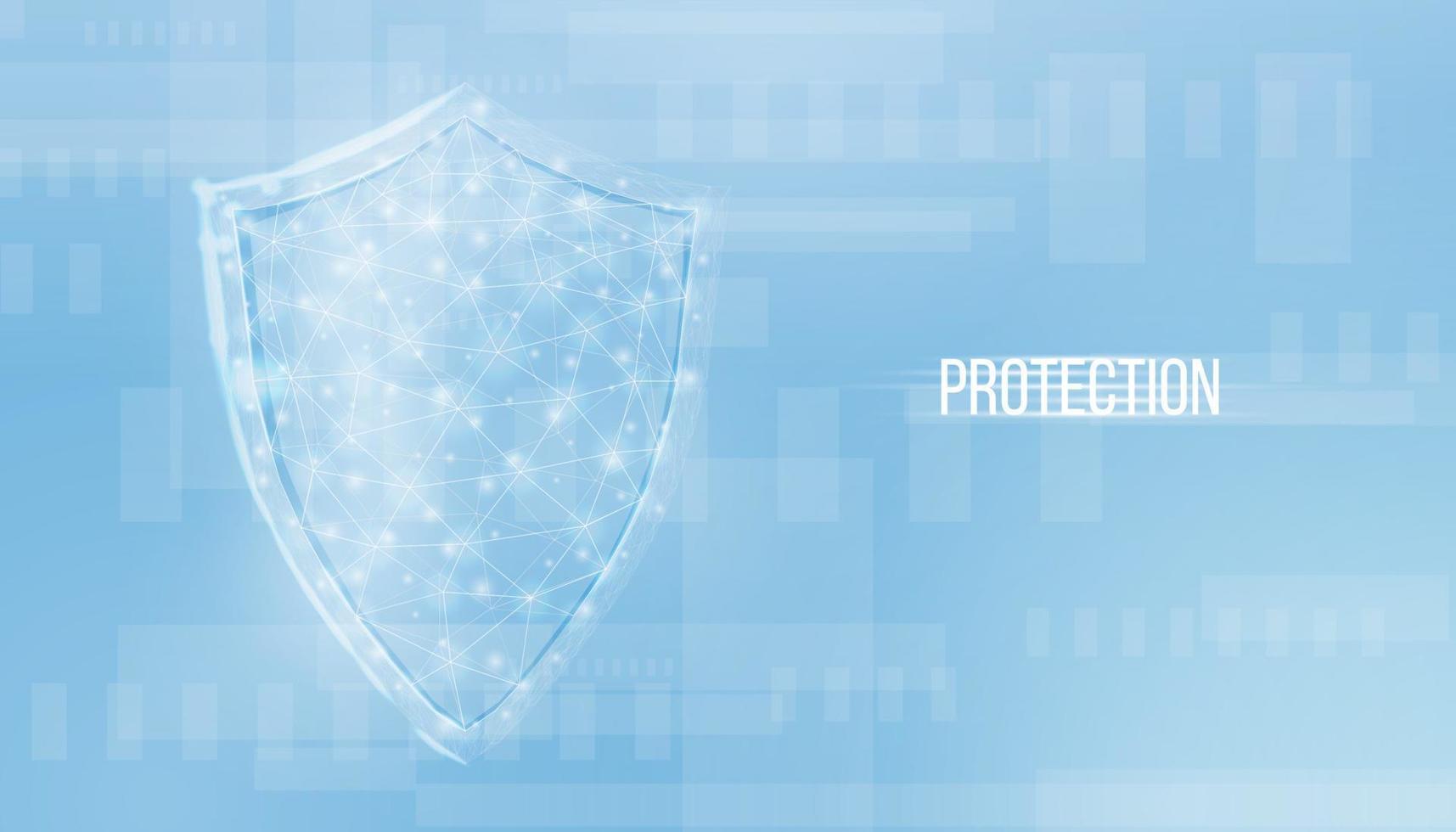 Guard shield. Cyber security concept with glowing low poly shield on blue background. Wireframe low poly design. Abstract futuristic vector illustration.