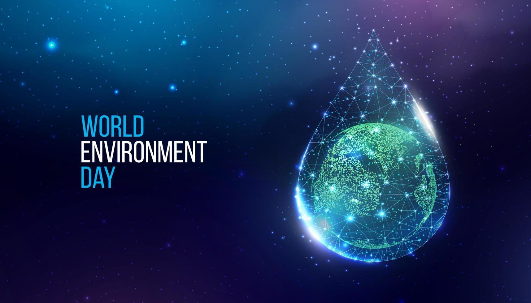 World environment day concept. Banner with planet Earth in wireframe polygonal water drop. Futuristic modern abstract background. Vector illustration.