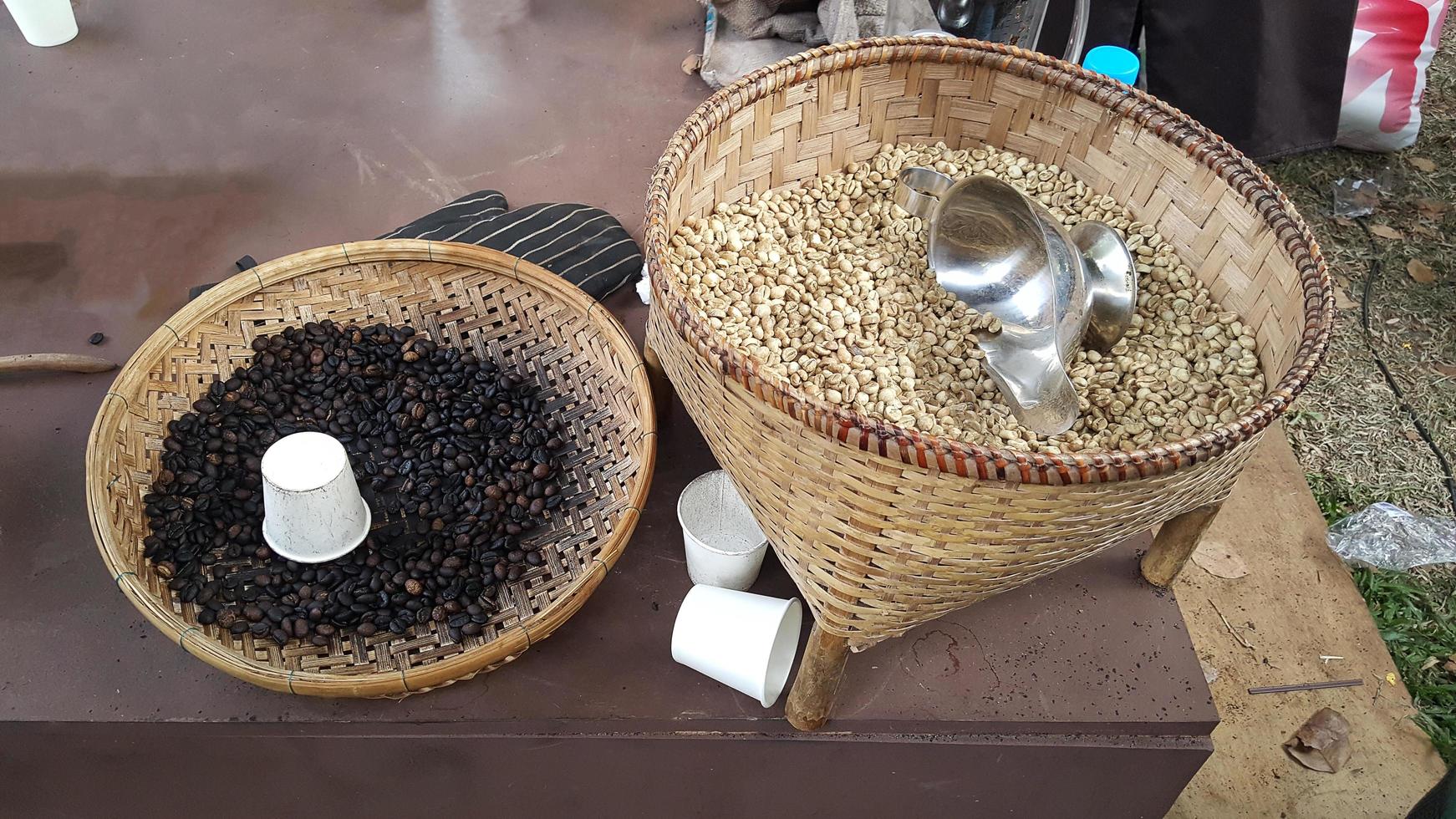 The coffee beans on a threshing basket. photo