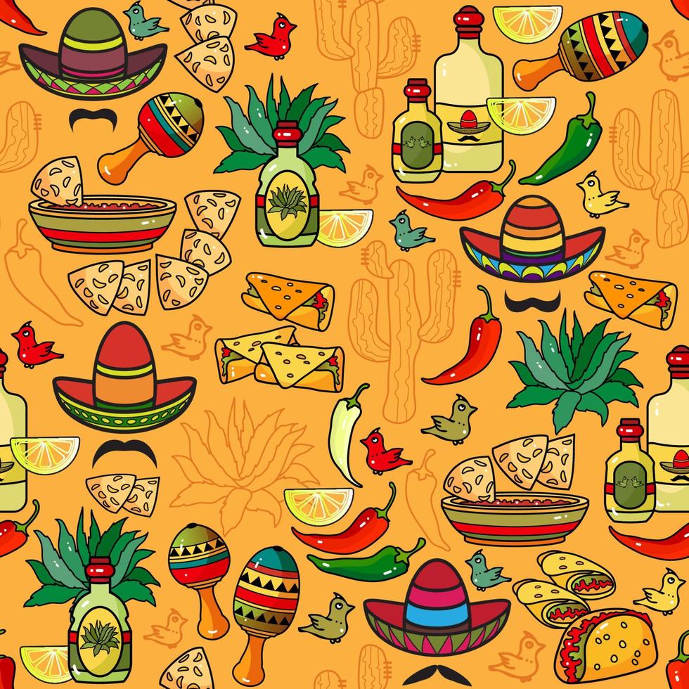 cinco de mayo patrón sin costuras. sombrero y símbolos mexicanos. vector. vector