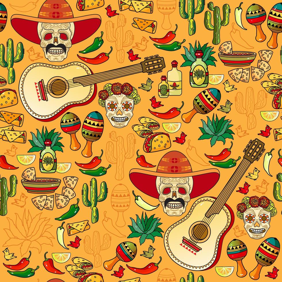 Cinco de Mayo Seamless Pattern. Sombrero and Mexican symbols. Vector. vector