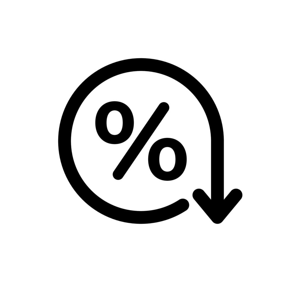 Low percent icon, down gdp, percentage count. Bank money credit, loan financial consumer document. Percent, down interest rate, mortgage. Vector sign