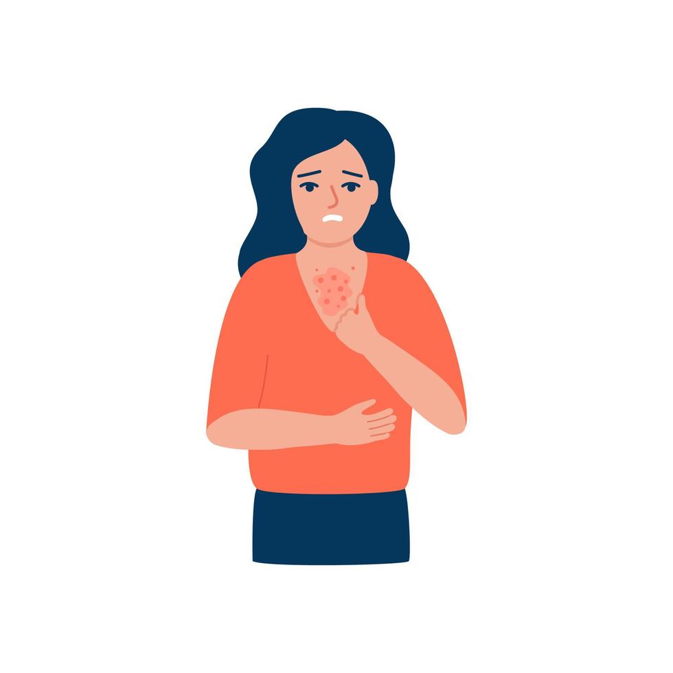 Woman scratching body, rash, allergy, acne on skin. Girl suffering from itchy skin, symptom pimple disease. Vector illustration