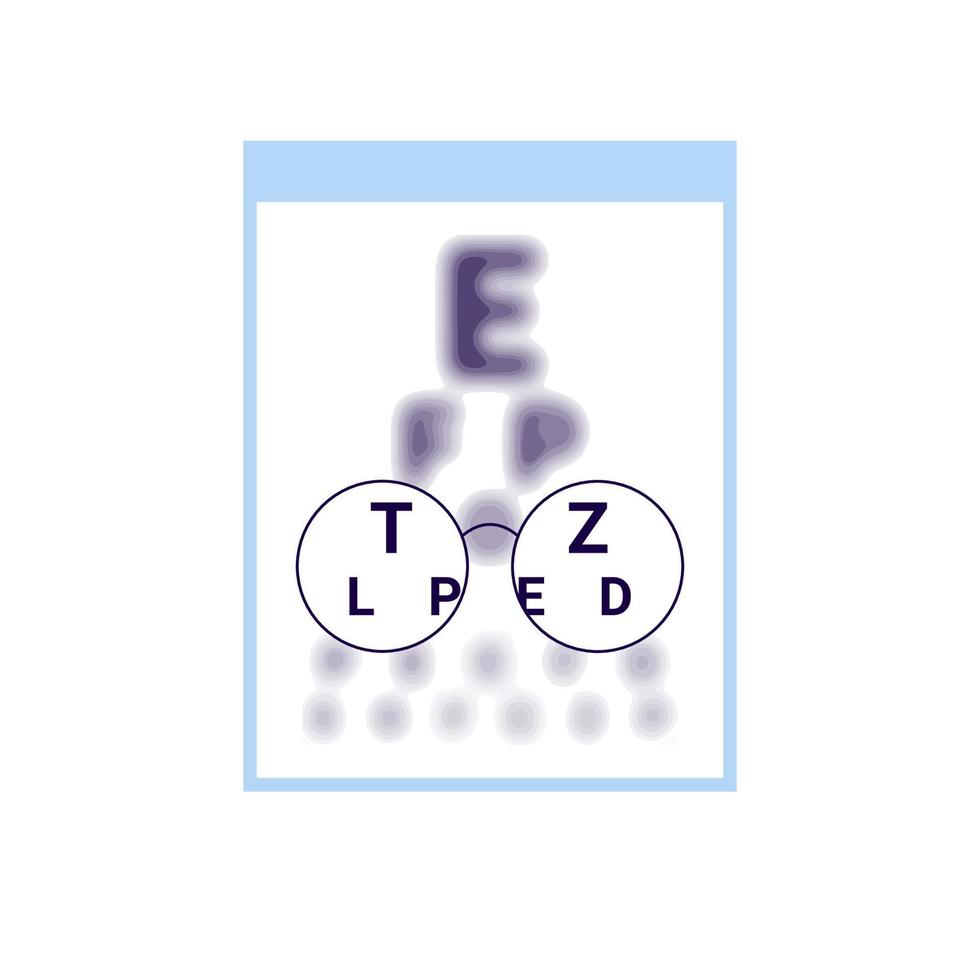 Test table with clarity vision eye in glasses and blur outside vision, chart check eyevision. Visual impairment, myopia correction. Vector illustration