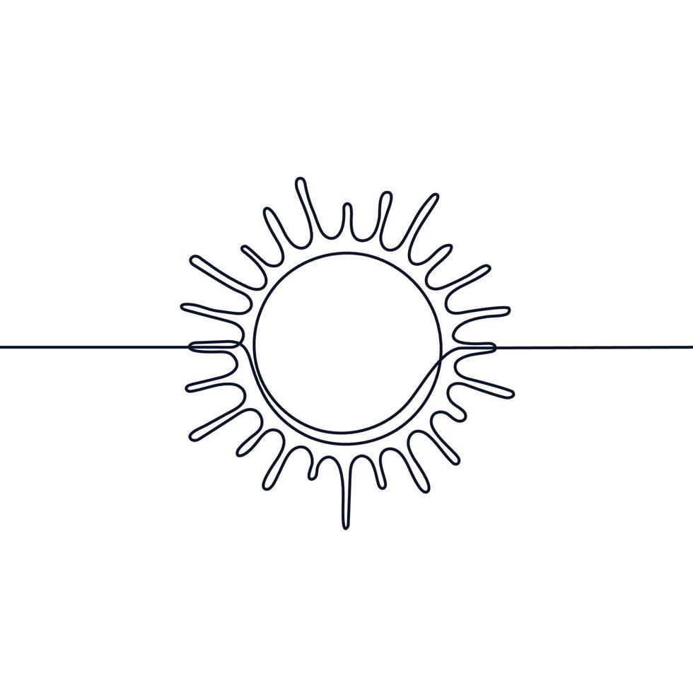 Sun one black continuous line, light rays outline. One line drawing. Vector illustration