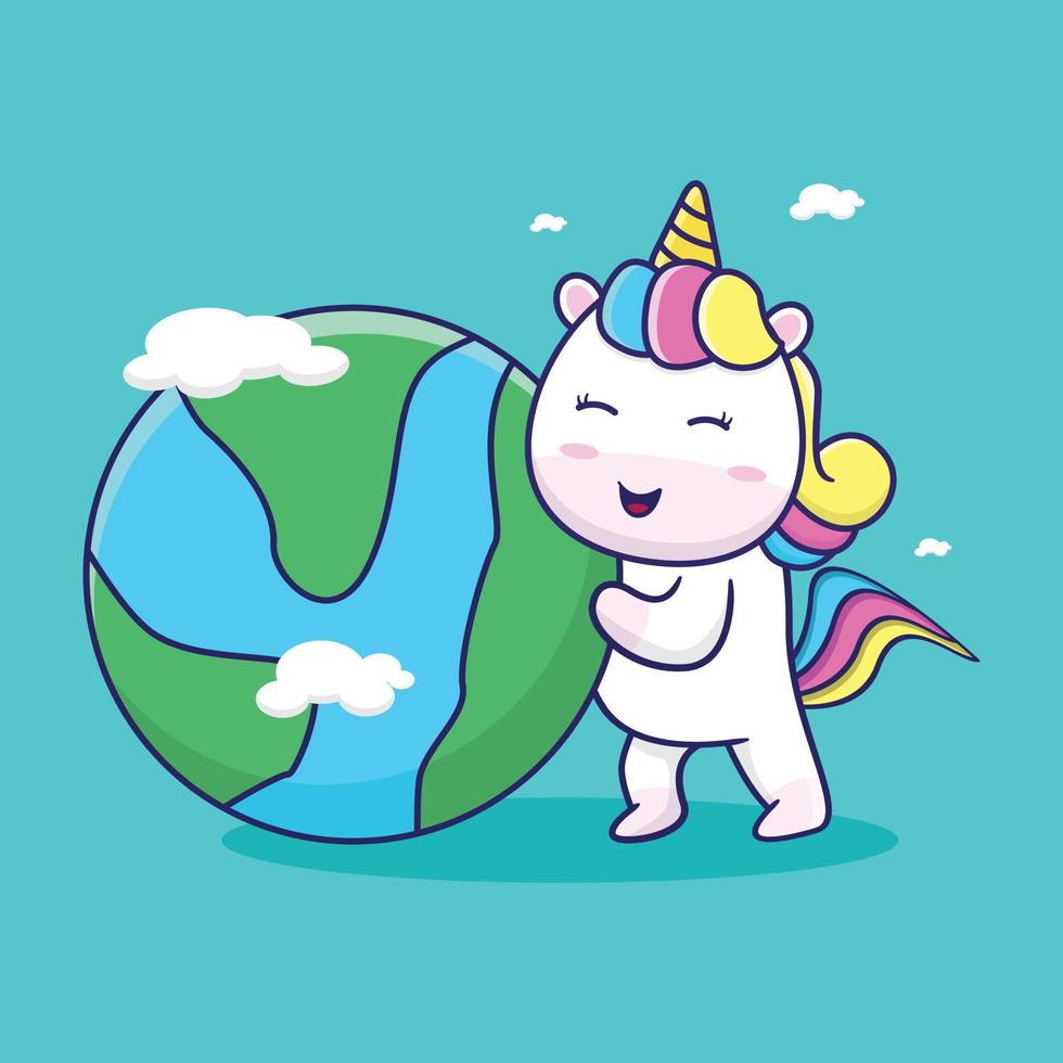 cute unicorn pushing the globe, suitable for children's books, birthday cards, valentine's day, stickers, book covers, greeting cards, printing. vector