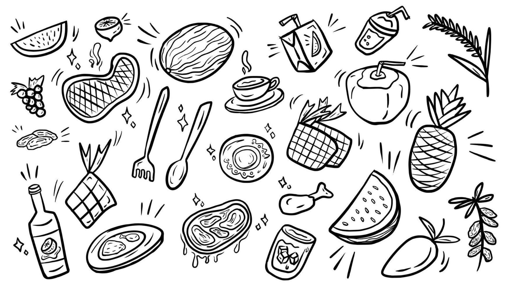 healthy food and fruit doodle outline vector icon set template collection for coloring book and food and beverage business