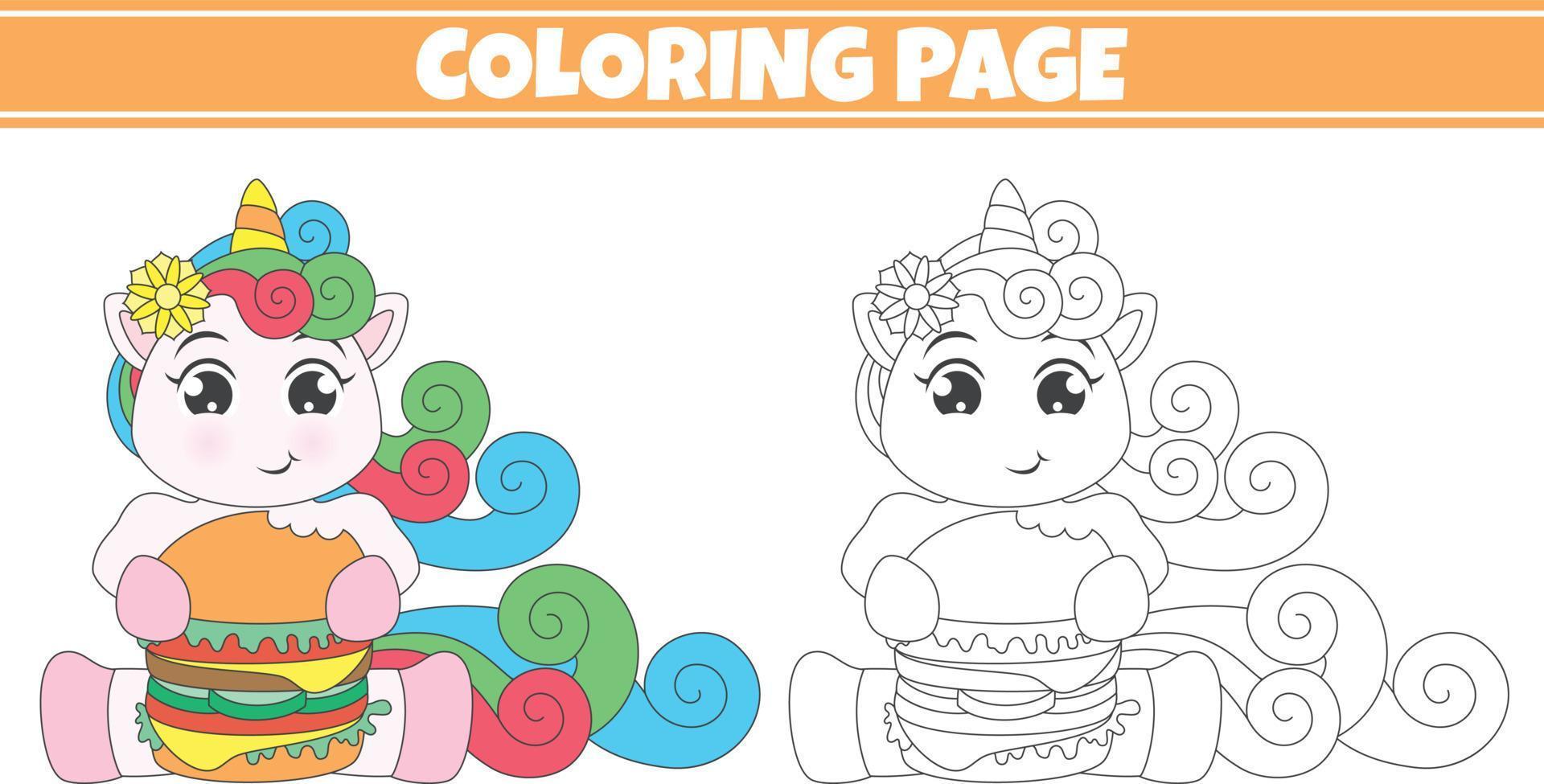 coloring unicorn eats hamburger vector