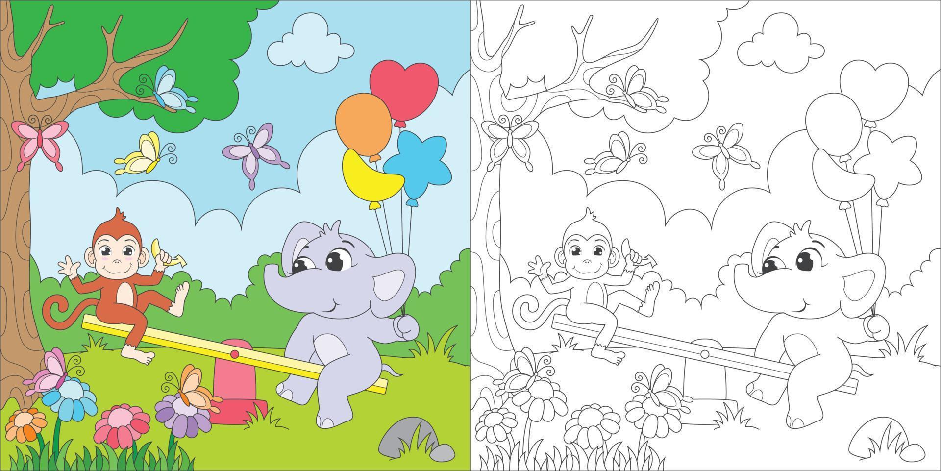 coloring animals playing seesaw vector