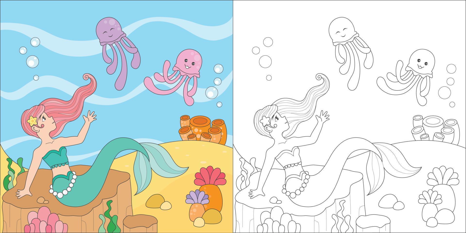 coloring mermaid and jellyfish vector