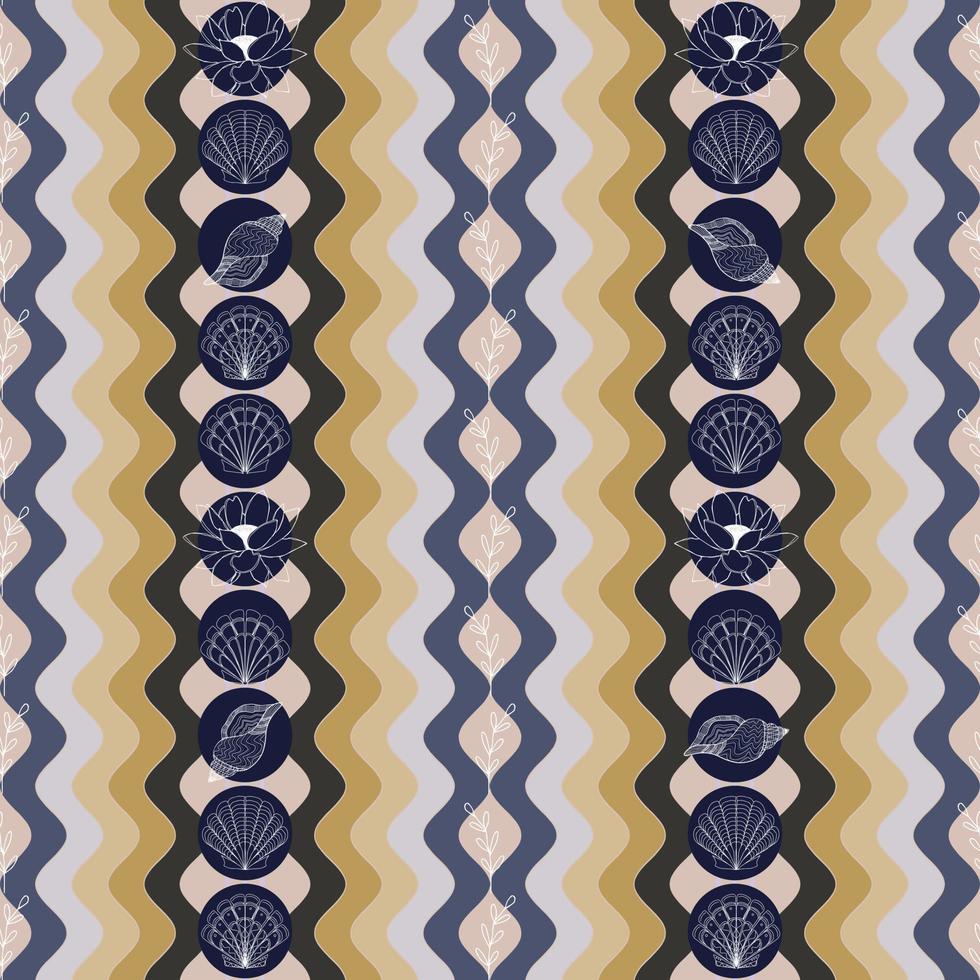 summer background with seashells lotus flowers and twigs on the background of beach waves vector seamless pattern