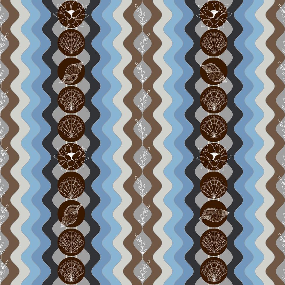 summer background with seashells lotus flowers and twigs on the background of beach waves vector seamless pattern