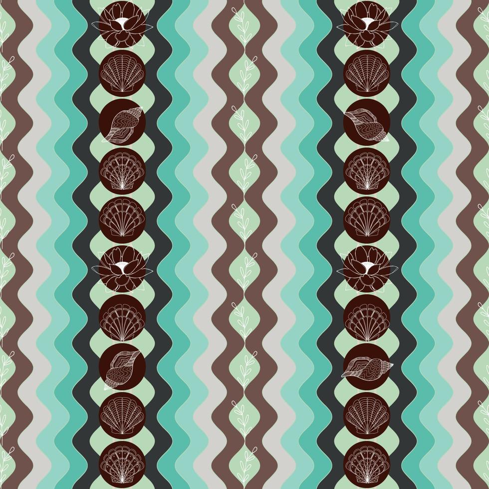 summer background with seashells lotus flowers and twigs on the background of beach waves vector seamless pattern