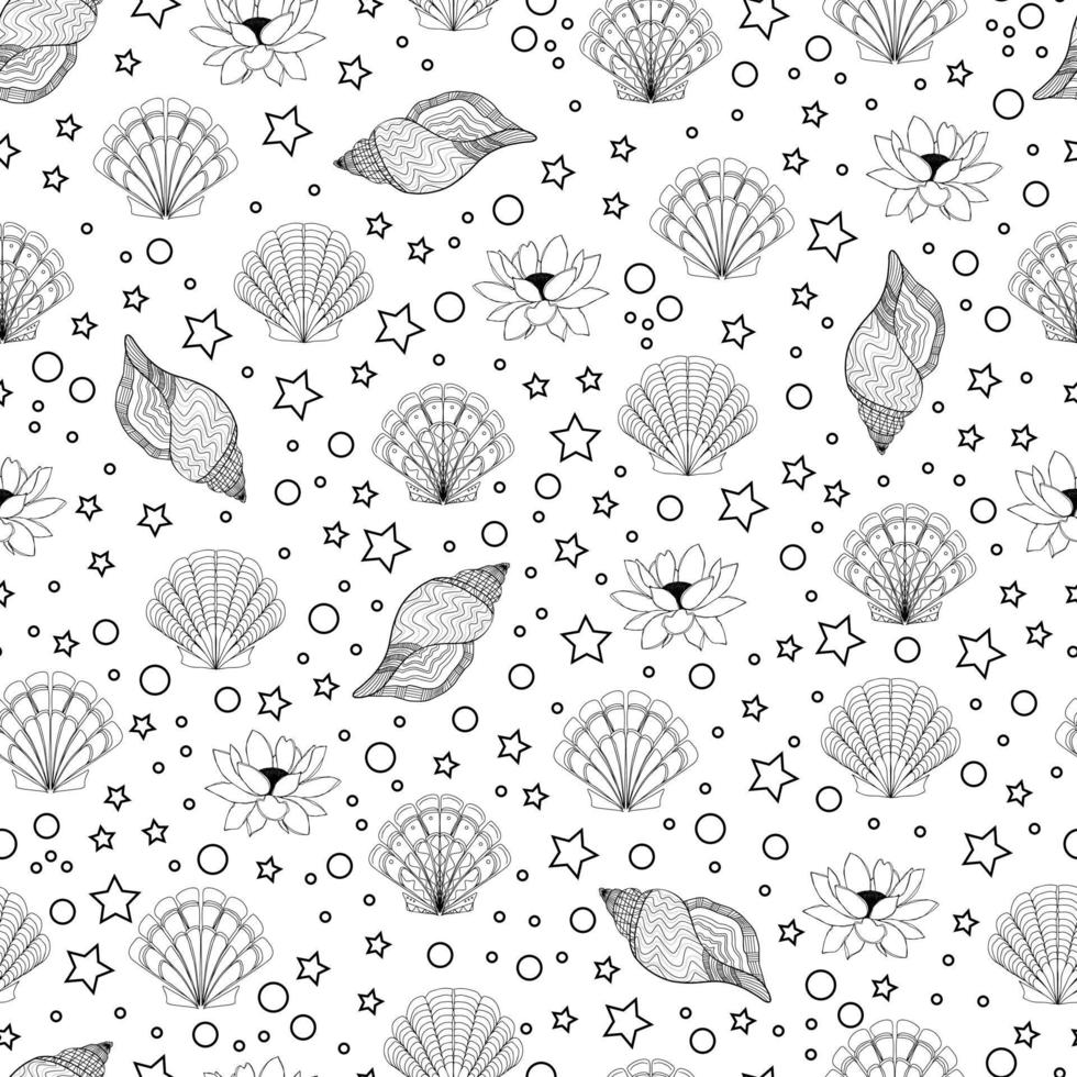 fondo de verano con conchas marinas de contorno flores de loto estrellas y burbujas en el patrón sin costuras de vector de fondo coloreado