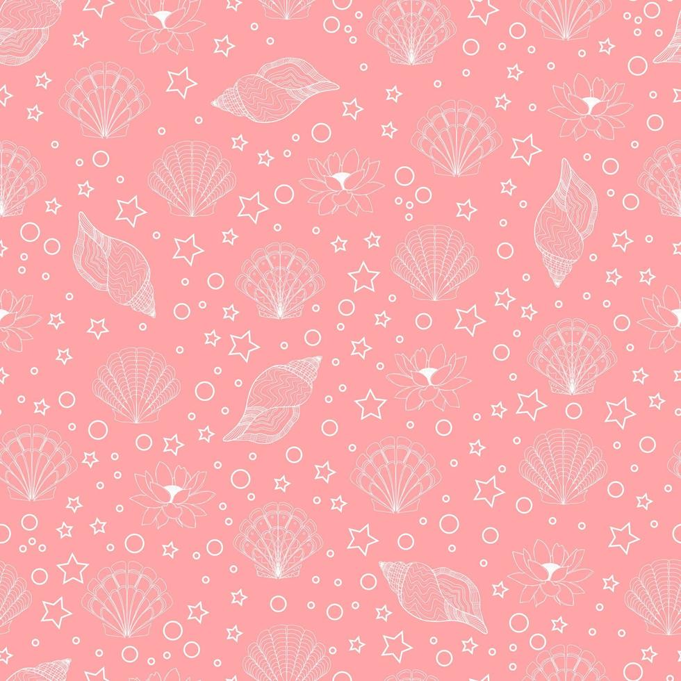 summer background with contour seashells lotus flowers stars and bubbles on colored background vector seamless pattern