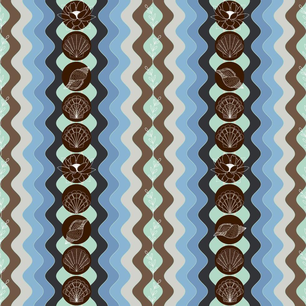 summer background with seashells lotus flowers and twigs on the background of beach waves vector seamless pattern