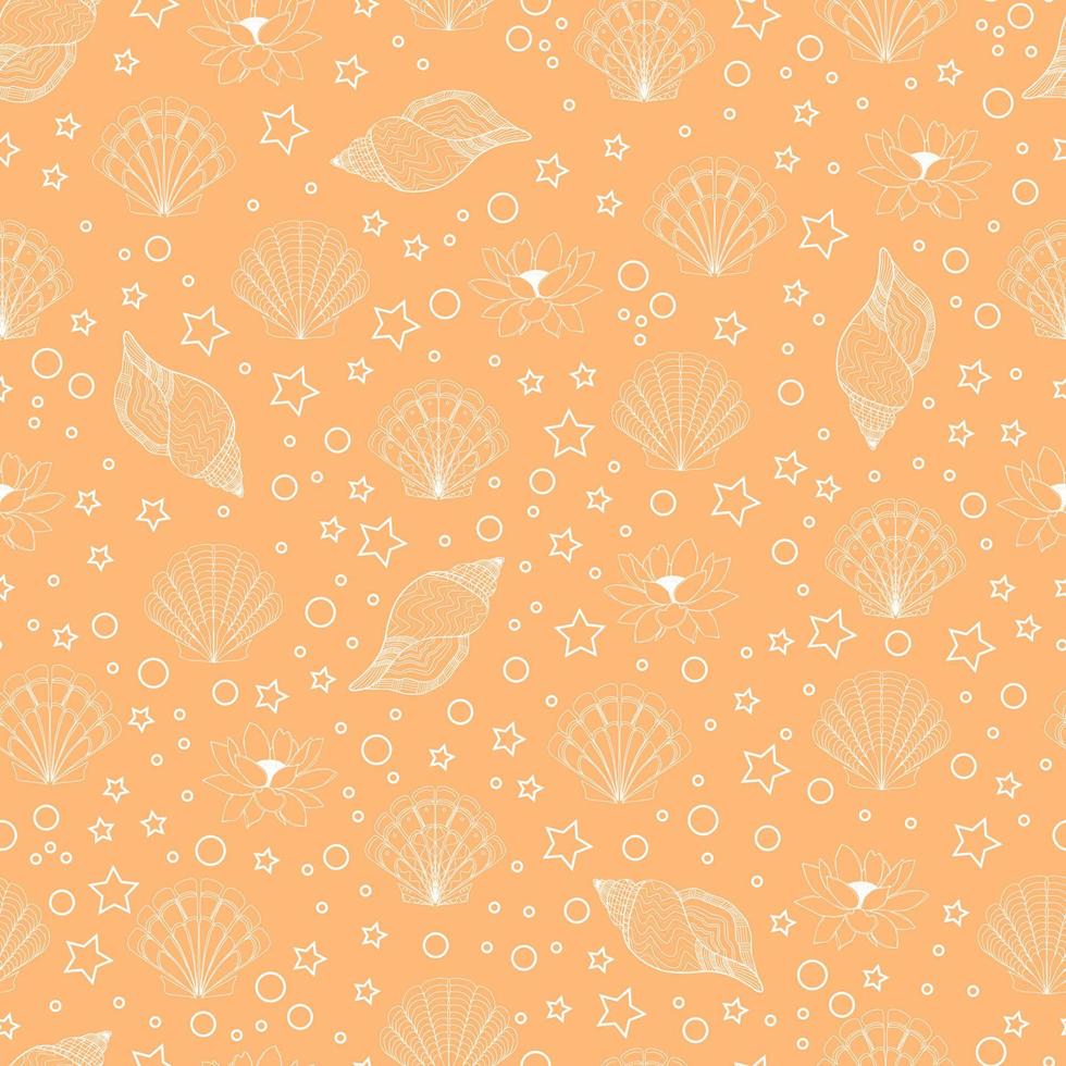 summer background with contour seashells lotus flowers stars and bubbles on colored background vector seamless pattern