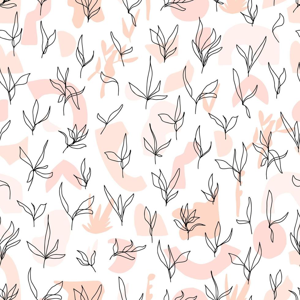 abstract minimalistic vector seamless pattern simple isolated boho shapes in different colors and branches with leaves hand drawn in one line
