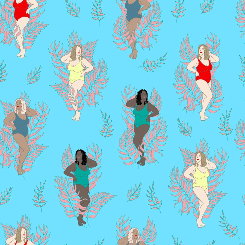 plus size girls with different skin and hair colors in swimsuits on the beach with palm leaves vector seamless pattern. Full girls of different races on the background of palm trees background