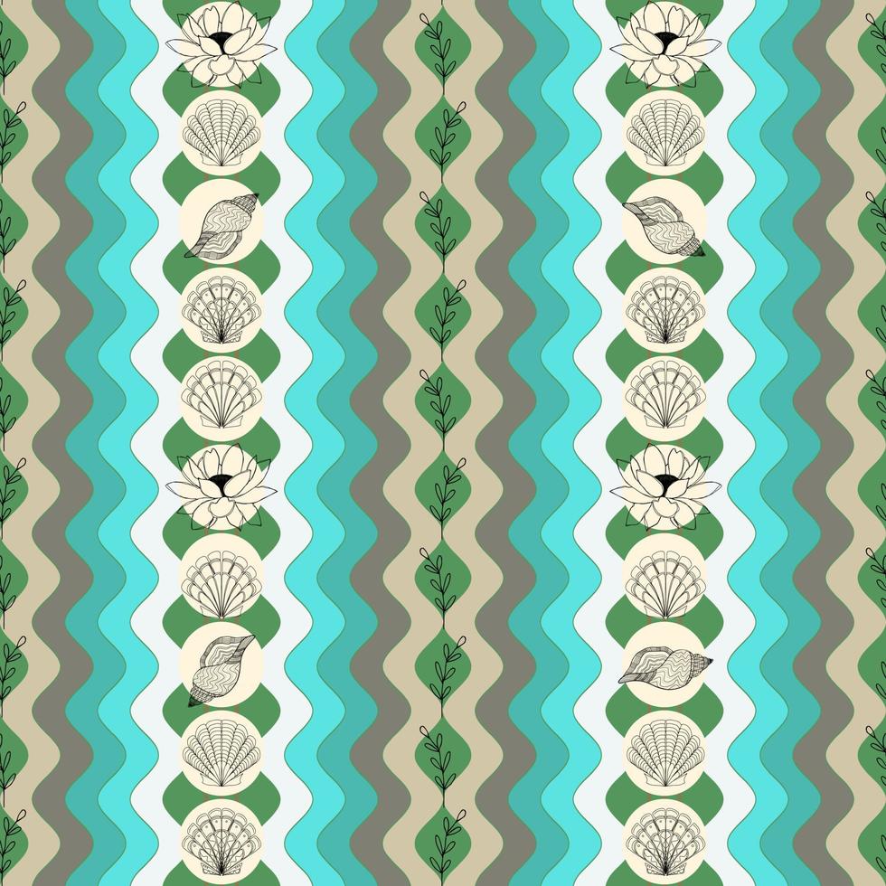 summer background with seashells lotus flowers and twigs on the background of beach waves vector seamless pattern