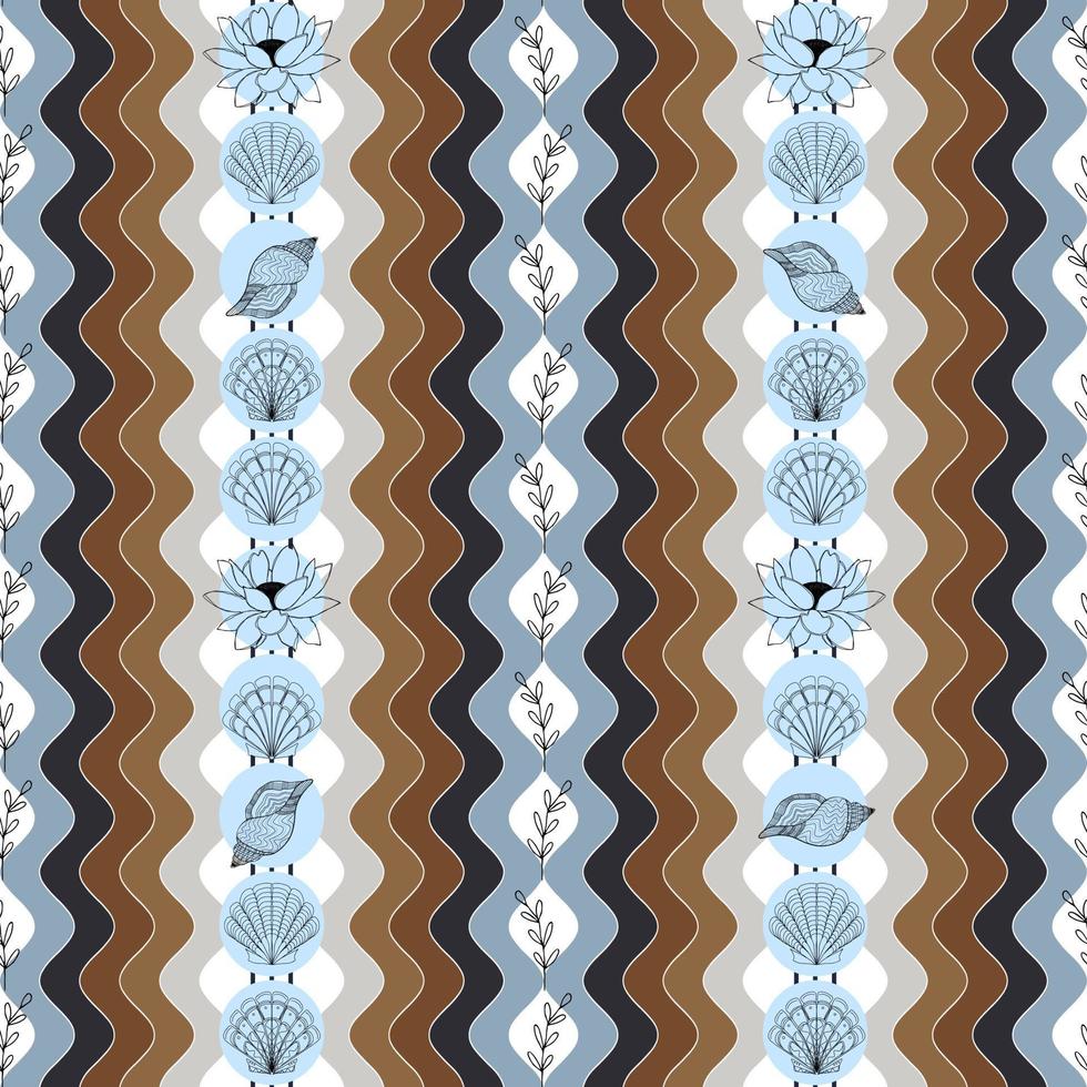 summer background with seashells lotus flowers and twigs on the background of beach waves vector seamless pattern